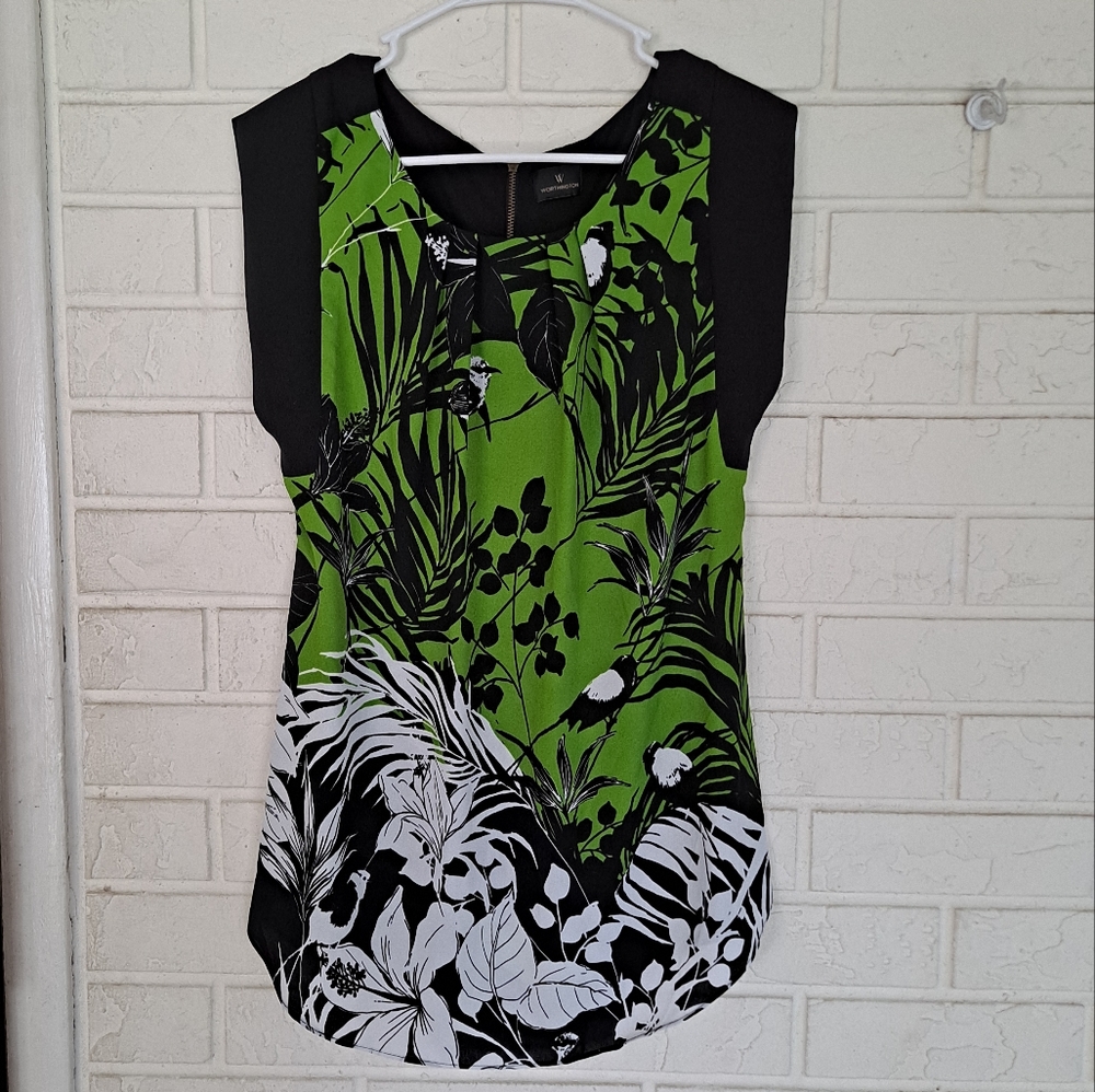 Worthington black, green, and white blouse with birds and a floral theme.